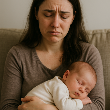 Mama-mit-neugeborenem-im-arm-schaut-traurig Überforderte Mutter mit Wochenbettdepression