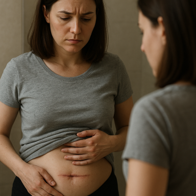 frau-mit-kaiserschnittnarbe-schaut-sich-im-spiegel-kritisch-an Frau lehnt ihren Körper ab mit Kaiserschnittnarbe